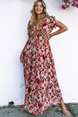 Red Floral Print Frilled V Neck Short Sleeve Maxi Dress