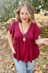 Red Plus Size V Neck Ruffle Sleeve Peplum Blouse
