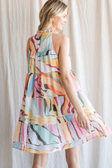 Multicolor Abstract Print Sleeveless Tiered Flowy Dress