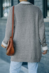 Gray Long Pocketed Open Front Knit Cardigan