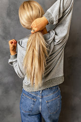 Gray Ribbed Trim Cut-out Bust Drawstring Hoodie