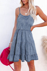 Sky Blue Adjustable Straps Tiered Ruffle Denim Dress