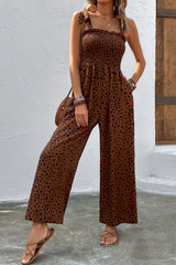Brown Cheetah Print Smocked Wide Leg Jumpsuit
