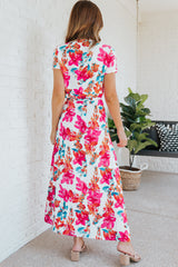 Rose Wrap V Neck Short Sleeve Floral Maxi Dress
