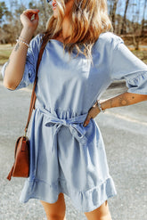 Sky Blue Ruffle Trim Half Sleeve Belted Denim Dress