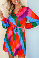 Multicolor Color Block Pleated Lace-up High Waist Mini Dress