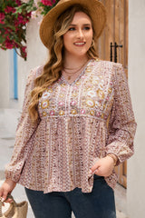 Red Floral Embroidered Plus Size Babydoll Blouse