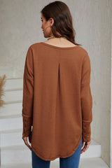 Brown Waffle Knit Splicing Buttons Long Sleeve Top