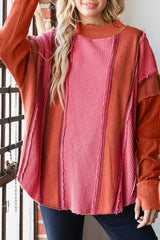 Red Waffle Knit Ripped Exposed Seam Patchwork Top with Thumbhole