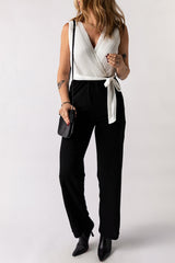 White Pleated V Neck Sleeveless Color Block Jumpsuit