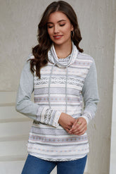 Gray Aztec Print Amicg Knit Cowl Neck Sweatshirt