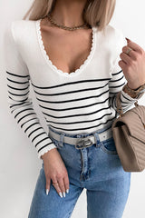 White Scalloped Trim Striped Print Sweater