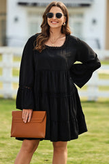 Black Lace Trim Tie Back Plus Size Tiered Swing Dress