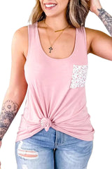 Pink Floral Patch Pocket Tank Top
