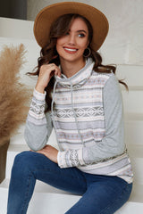 Gray Aztec Print Amicg Knit Cowl Neck Sweatshirt