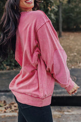 Pink Exposed Seam Waffle Knit Patchwork Sweatshirt