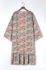 Sky Blue Boho Retro Floral Print Long Sleeve Oversized Kimono