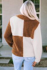 Brown Color Block Sherpa Button Up Jacket