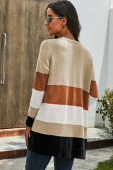 Khaki Open Front Colorblock Cardigan with Pockets