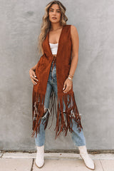 Brown Faux Suede Cowgirl Fringed Sleeveless Long Cardigan