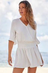White 3/4 Sleeves Textured Smocked Drape Beach Dress