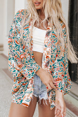 Green Paisley Floral Print Open Front Flowy Kimono