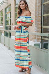 Stripe Print Lace-up Ruffled Off Shoulder Maxi Dress