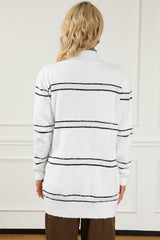 White Striped Detail Fuzzy Open Front Cardigan