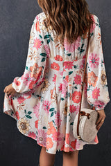 White Boho V Neck Bubble Sleeves Floral Dress