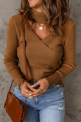 Khaki High Neck Hollow-out Crossed Wrap Knit Sweater