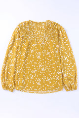 Yellow Plus Size Floral Print Ruched Split Neck Blouse
