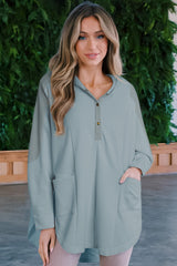 Sky Blue Patchwork Side Pockets Oversized Henley Hoodie
