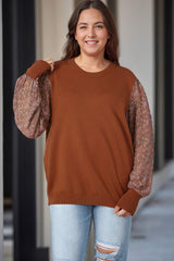 Brown Plus Size Printed Splicing Sleeve Ribbed Trim Sweater