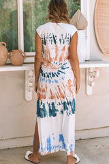 White Cap Sleeve Tie Dye Long Slit Dress
