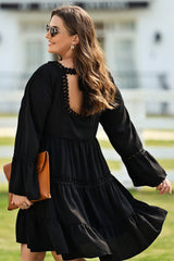 Black Lace Trim Tie Back Plus Size Tiered Swing Dress