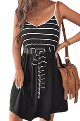 Black Spaghetti Straps Striped Cami Dress with Sash