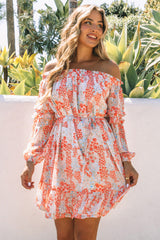 Red Floral Off The Shoulder Print Ruffled Dress with Tie