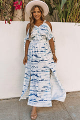 Sky Blue Cold Shoulder Tie-dye Maxi Dress with Slits