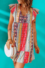 Red Floral Patchwork Print Flutter Sleeve Dress