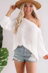 White Ribbed Trim Pointelle Knit Loose Sweater