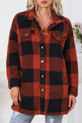 Brown Fuzzy Plaid Flap Button Up Midi Coat