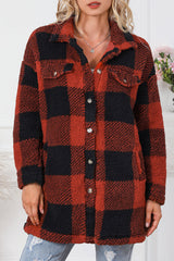 Brown Fuzzy Plaid Flap Button Up Midi Coat