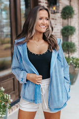 Sky Blue Solid Color Oversized Zip Up Hoodie with Pockets