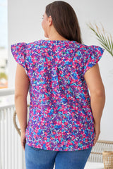 Purple Plus Size Floral Print Ruffle Sleeve Blouse