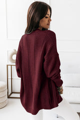 Wine Red Buttons Front Textured Knit Cardigan