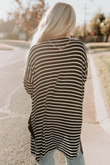 Black White Striped Pocketed Long Cardigan