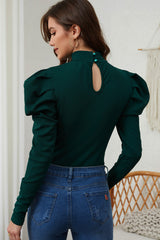 Green Puff Sleeve Keyhole Back Ribbed Knit Bodysuit