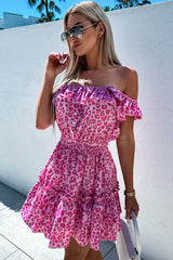 Rose Leopard Off Shoulder Buttoned Ruffled Mini Dress