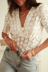 White V-Neck Lace Short Sleeve Bodysuit