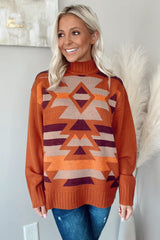 Brown Aztec Knitted High Neck Drop Shoulder Sweater